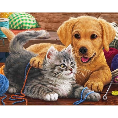 Diamond Painting für Erwachsene,5D Katze Hund Diamant Painting Bilder Kit DIY Runder Vollbohrer Strass Malen nach Zahlen Niedliches Tier Diamant Malerei Kit für Anfänger Home Büro Wall Dekor 100x140cm von Qijinn