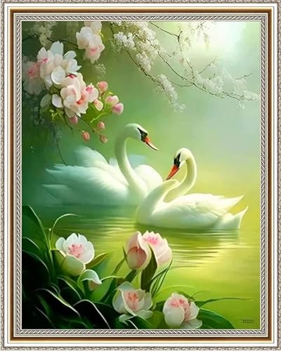 Diamond Painting für Erwachsene,5D Schwanenblumen Diamant Painting Bilder Kit DIY Runder Vollbohrer Strass Malen nach Zahlen Tiere Diamant Malerei Kit für Anfänger Home Büro Wall Dekoration 80x100cm von Qijinn