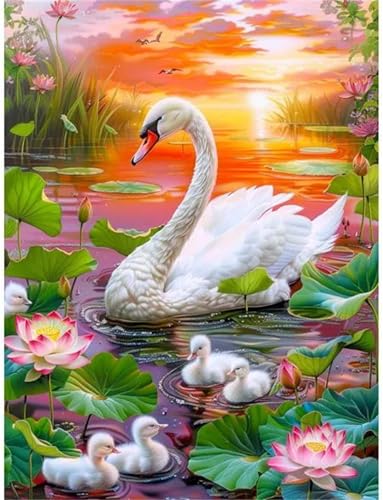 Diamond Painting für Erwachsene,5D Schwanenfamilie Diamant Painting Bilder Kit DIY Runder Vollbohrer Strass Malen nach Zahlen Lotussee Diamant Malerei Kit für Anfänger Home Büro Wall Dekor 80x100cm von Qijinn