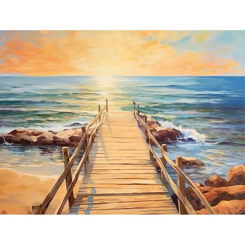 Diamond Painting für Erwachsene,5D Seebrücke Diamant Painting Bilder Kit DIY Runder Vollbohrer Strass Malen nach Zahlen Sonnenuntergang Diamant Malerei Kit für Anfänger Home Büro Wall Dekor 100x140cm von Qijinn