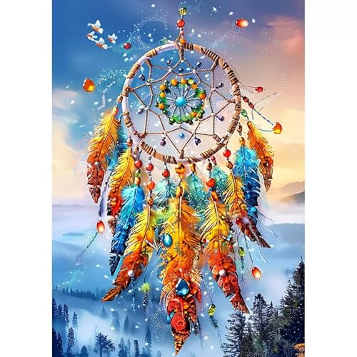 Diamond Painting für Erwachsene,5D Traumfänger Diamant Painting Bilder Kit DIY Runder Vollbohrer Strass Malen nach Zahlen Farbige Federn Diamant Malerei Kit für Anfänger Home Büro Wall Dekor 40x60cm von Qijinn