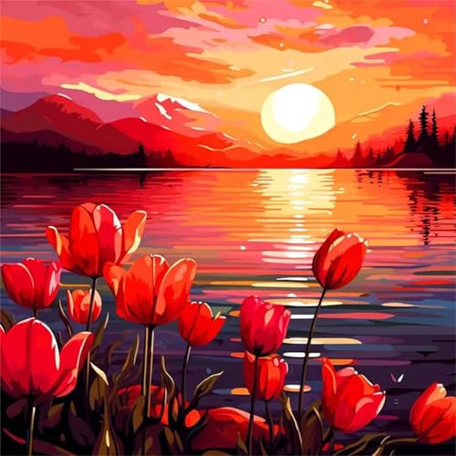 Malen Nach Zahlen Erwachsene Sonnenaufgang-Tulpen-Landschaft DIY Handgemalt Ölgemälde Kits für Kinder Anfänge,mit Pinseln Leinwand Acrylmalerei für Home Haus Dekor Geschenke,Ohne Rahmen (60x60cm) von Qijinn