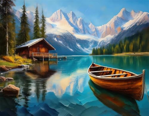 Qijinn 5D Bergseeboot Diamond Painting Kit,Diamant Painting Bilder für Erwachsene Anfänger DIY Runder Vollbohrer Stickerei Hotel Villa Diamond Painting Arts Craft für Home Wand Decor 25x40cm von Qijinn