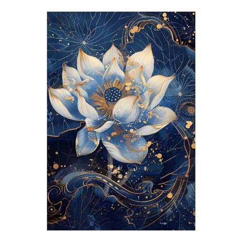 Qijinn 5D Blau Golden Diamond Painting Kit,Diamant Painting Bilder für Erwachsene Anfänger DIY Runder Vollbohrer Stickerei Traumlotus Diamond Painting Arts Craft für Home Wand Decor 40x60cm von Qijinn