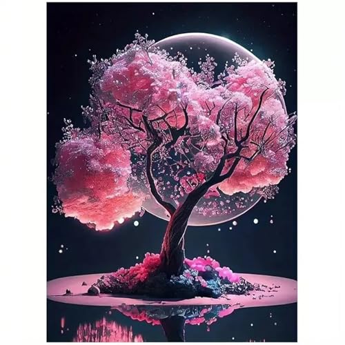 Qijinn 5D Rosa Baum Diamond Painting Kit,Diamant Painting Bilder für Erwachsene Anfänger DIY Runder Vollbohrer Stickerei Landschaft Diamond Painting Arts Craft für Home Wand Decor 50x70cm von Qijinn