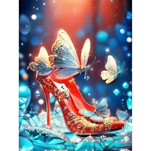 Qijinn 5D Rote High Heels Diamond Painting Kit,Diamant Painting Bilder für Erwachsene Anfänger DIY Runder Vollbohrer Stickerei Schmetterling Diamond Painting Arts Craft für Home Wand Decor 90x120cm von Qijinn