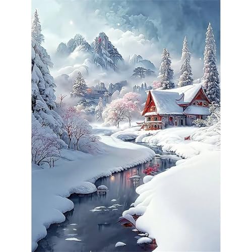 Qijinn 5D Schneehütte Diamond Painting Kit,Diamant Painting Bilder für Erwachsene Anfänger DIY Runder Vollbohrer Stickerei Winterlandschaft Diamond Painting Arts Craft für Home Wand Decor 70x90cm von Qijinn