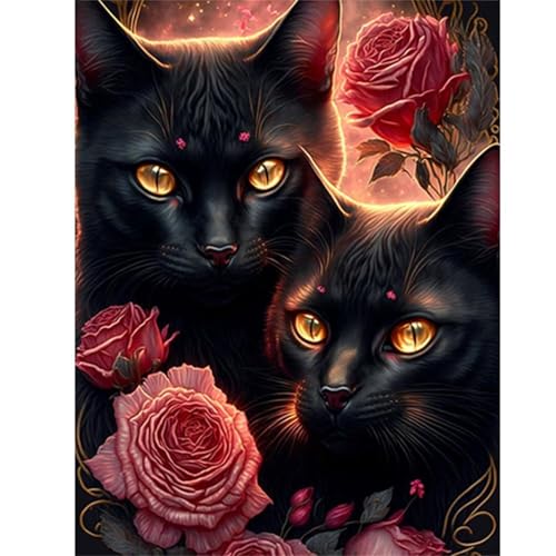 Qijinn 5D Schwarze Katzenblume Diamond Painting Kit,Diamant Painting Bilder für Erwachsene Anfänger DIY Runder Vollbohrer Stickerei Rosentiere Diamond Painting Arts Craft für Home Wand Decor 70x90cm von Qijinn