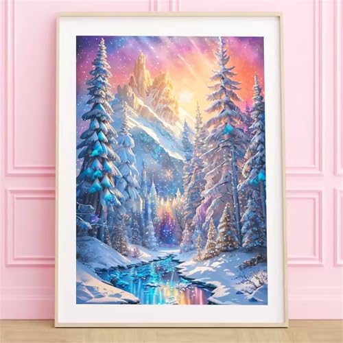 Qijinn 5D Winterlandschaft Diamond Painting Kit,Diamant Painting Bilder für Erwachsene Anfänger DIY Runder Vollbohrer Stickerei Berghain Diamond Painting Arts Craft für Home Wand Decor 60x80cm von Qijinn