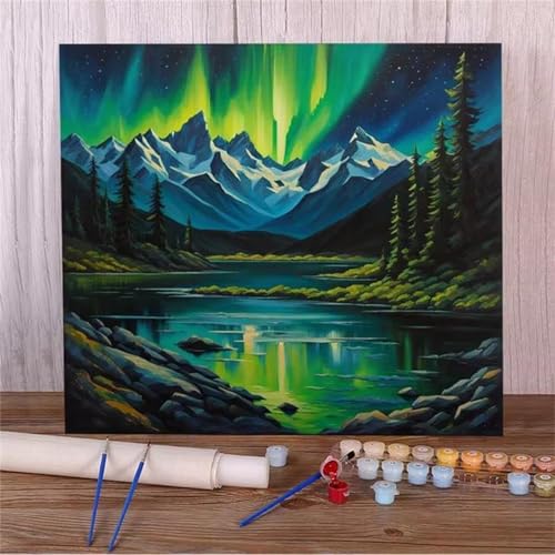 Qijinn Aurora-Bergsee Malen nach Zahlen Erwachsene mit Rahmen Malen Nach Zahlen Kits DIY Acrylmalerei, mit Pinseln auf Leinwand Handgemaltes Ölgemälde Set Heimdekoration Geschenk,30x30cm von Qijinn