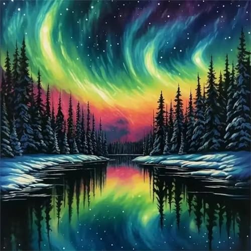 Qijinn Aurora Woods Lake Malen nach Zahlen Erwachsene mit Rahmen Malen Nach Zahlen Kits DIY Acrylmalerei, mit Pinseln auf Leinwand Handgemaltes Ölgemälde Set Heimdekoration Geschenk,70x70cm von Qijinn