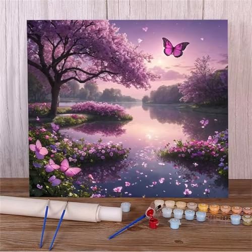 Qijinn Baumseelandschaft Malen nach Zahlen Erwachsene mit Rahmen Malen Nach Zahlen Kits DIY Acrylmalerei, mit Pinseln auf Leinwand Handgemaltes Ölgemälde Set Heimdekoration Geschenk,40x40cm von Qijinn