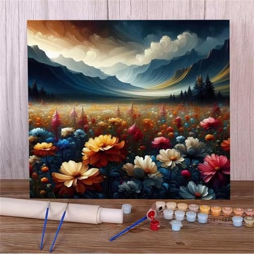 Qijinn Bewölkte Landschaftsblumen Malen nach Zahlen Erwachsene mit Rahmen Malen Nach Zahlen Kits DIY Acrylmalerei, mit Pinseln auf Leinwand Handgemaltes Ölgemälde Set Heimdekoration Geschenk,50x50cm von Qijinn