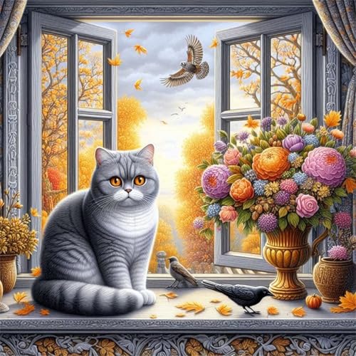 Qijinn Diamond Painting Fensterbankstrauß Katze 5D Diamant Painting Bilder Set,DIY Vierkant 40x40cm Diamant Malen nach Zahlen Kit für Erwachsene Full Strass Stickerei Kreuzstich Kunst Home Wanddekor von Qijinn