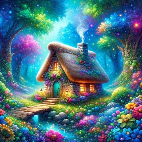 Qijinn Diamond Painting Kits für Erwachsene,Märchenhaftes Waldhäuschen DIY 5D Diamant Malerei Set,Voll Runder Bohrer Kristall Strass Dot Stickerei Kreuzstich Art für Home Wall Décor Geschenk 40x40cm von Qijinn