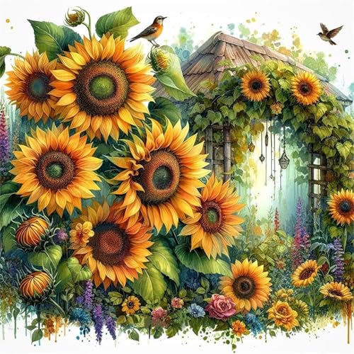 Qijinn Diamond Painting Kits für Erwachsene,Sonnenblumenlandschaft DIY 5D Diamant Malerei Set,Voll Runder Bohrer Kristall Strass Dot Stickerei Kreuzstich Art für Home Wall Décor Geschenk 30x30cm von Qijinn