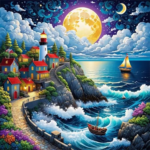 Qijinn Diamond Painting Mondstadt-Landschaft 5D Diamant Painting Bilder Set,DIY Vierkant 40x40cm Diamant Malen nach Zahlen Kit für Erwachsene Full Strass Stickerei Kreuzstich Kunst Home Wanddekor von Qijinn