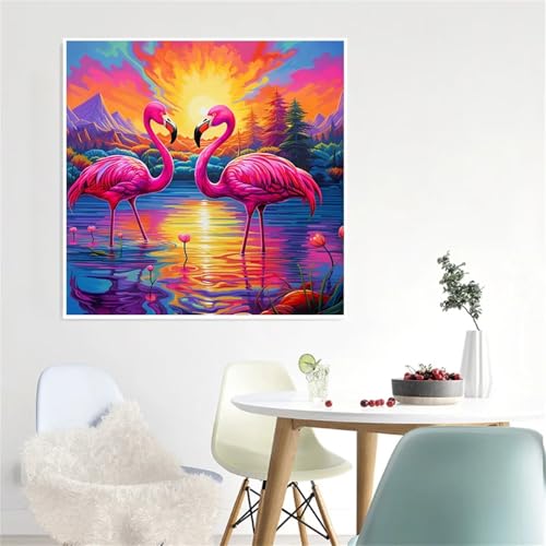 Qijinn Flamingo-Landschaft Malen nach Zahlen Erwachsene mit Rahmen Malen Nach Zahlen Kits DIY Acrylmalerei, mit Pinseln auf Leinwand Handgemaltes Ölgemälde Set Heimdekoration Geschenk,40x40cm von Qijinn