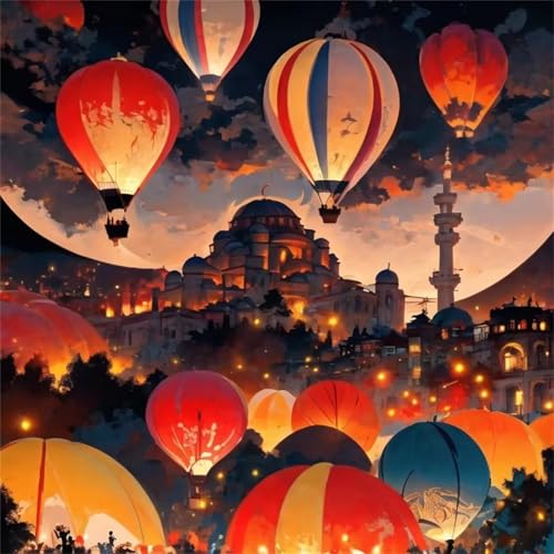 Qijinn Heißluftballonschloss Malen nach Zahlen Erwachsene mit Rahmen Malen Nach Zahlen Kits DIY Acrylmalerei, mit Pinseln auf Leinwand Handgemaltes Ölgemälde Set Heimdekoration Geschenk,60x60cm von Qijinn