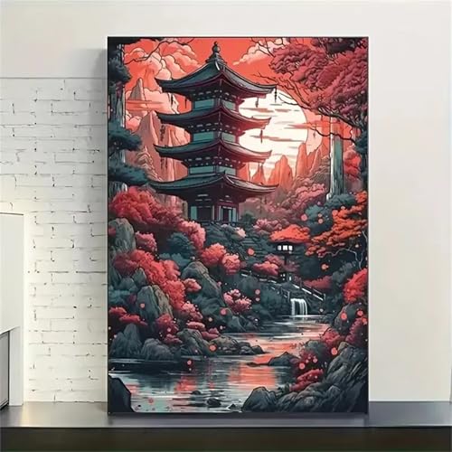 Qijinn Japanische Pagode Diamond Painting Erwachsene Malerische Blumen Diamant Painting Bilder Kit Full 5D DIY Vierkant Crystal Strass Stickerei Diamant Kunst Home Büro Wall Dekoration 40x60cm von Qijinn