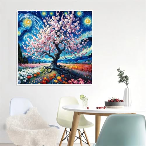 Qijinn Landschaftsbaumblumen Malen nach Zahlen Erwachsene mit Rahmen Malen Nach Zahlen Kits DIY Acrylmalerei, mit Pinseln auf Leinwand Handgemaltes Ölgemälde Set Heimdekoration Geschenk,30x30cm von Qijinn