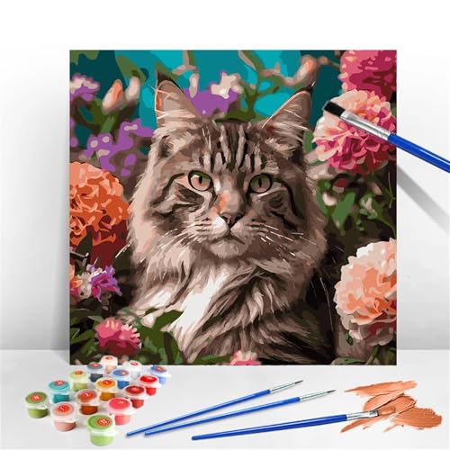 Qijinn Malen Nach Zahlen Erwachsene Tierblumen Katze DIY Handgemalt Ölgemälde Kits für Kinder Anfänge,mit Pinseln Leinwand Acrylmalerei für Home Haus Dekor Geschenke,Ohne Rahmen (70x70cm) von Qijinn