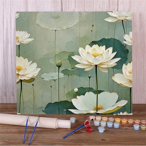 Qijinn Malen Nach Zahlen Erwachsene Weiße Lotusblume DIY Handgemalt Ölgemälde Kits für Kinder Anfänge,mit Pinseln Leinwand Acrylmalerei für Home Haus Dekor Geschenke,Ohne Rahmen (30x30cm) von Qijinn