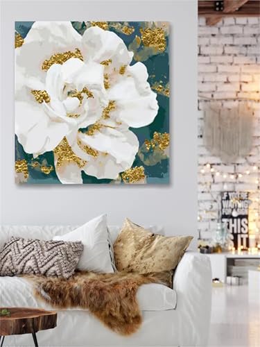 Qijinn Malen Nach Zahlen Erwachsene Weißgoldene Blumen DIY Handgemalt Ölgemälde Kits für Kinder Anfänge,mit Pinseln Leinwand Acrylmalerei für Home Haus Dekor Geschenke,Ohne Rahmen (60x60cm) von Qijinn