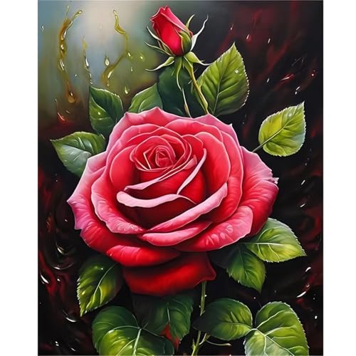 Qijinn Rosenpflanze Diamond Painting Erwachsene Rote Blumen Diamant Painting Bilder Kit Full 5D DIY Vierkant Crystal Strass Stickerei Diamant Kunst Home Büro Wall Dekoration 40x60cm von Qijinn