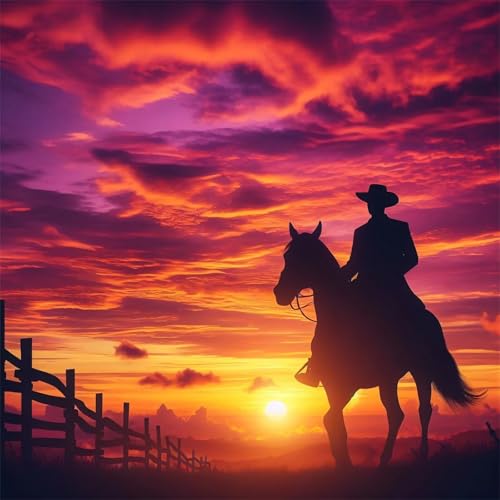 Qijinn Sonnenuntergang-Cowboy Malen nach Zahlen Erwachsene mit Rahmen Malen Nach Zahlen Kits DIY Acrylmalerei, mit Pinseln auf Leinwand Handgemaltes Ölgemälde Set Heimdekoration Geschenk,70x70cm von Qijinn