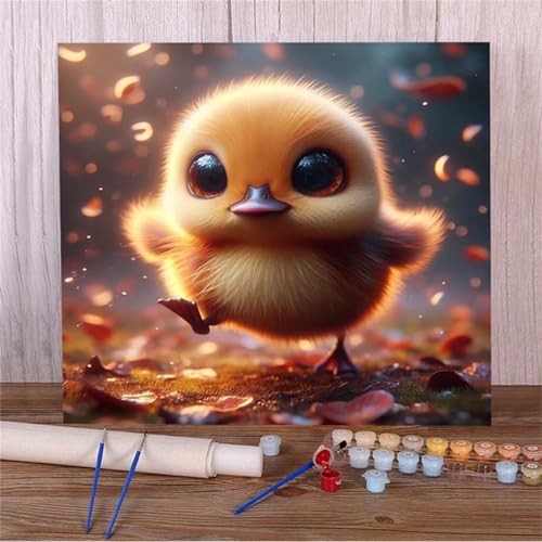 Qijinn Süßes Küken Malen nach Zahlen Erwachsene mit Rahmen Malen Nach Zahlen Kits DIY Acrylmalerei, mit Pinseln auf Leinwand Handgemaltes Ölgemälde Set Heimdekoration Geschenk,70x70cm von Qijinn