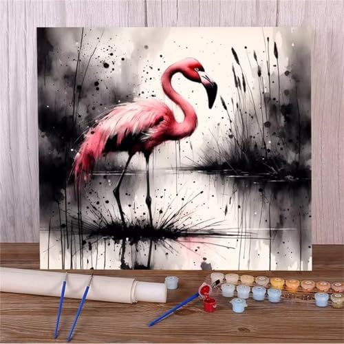 Qijinn Tintenflamingo Malen nach Zahlen Erwachsene mit Rahmen Malen Nach Zahlen Kits DIY Acrylmalerei, mit Pinseln auf Leinwand Handgemaltes Ölgemälde Set Heimdekoration Geschenk,30x30cm von Qijinn