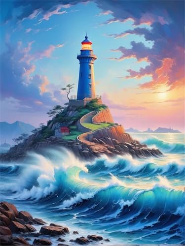 Qijinn Wellen-Leuchtturm Diamond Painting Erwachsene Naturlandschaften Diamant Painting Bilder Kit Full 5D DIY Vierkant Crystal Strass Stickerei Diamant Kunst Home Büro Wall Dekoration 30x50cm von Qijinn