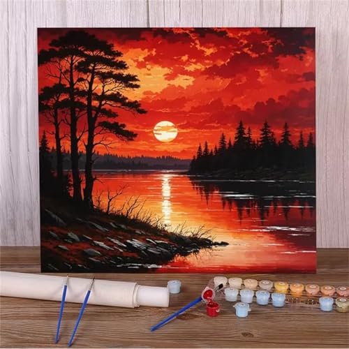 Roter Landschaftssonnenuntergang Malen nach Zahlen Erwachsene mit Rahmen Malen Nach Zahlen Kits DIY Acrylmalerei, mit Pinseln auf Leinwand Handgemaltes Ölgemälde Set Heimdekoration Geschenk,70x70cm von Qijinn