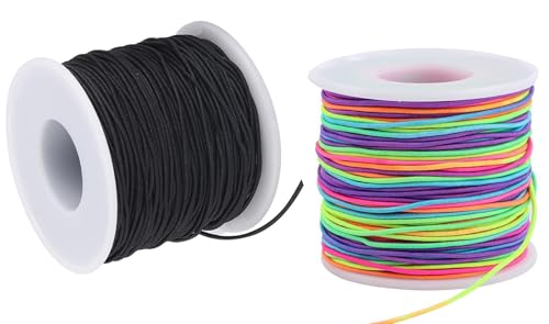 2 Rollen Gummiband, 0.8 mm x 50 m Bunt Elastisch Faden, Regenbogen Perlenschnur Gummiband Gummischnur Bastelschnur Perlenfäden für DIY Handwerk Schmuckherstellung Elastic Band Bead Cord (Schwarz,Bunt) von Qikaara