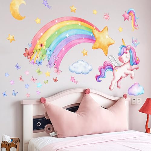 Wandtattoo Kinderzimmer Mädchen,Regenbogen Einhorn Wandsticker Babyzimmer,Rosa Cartoon Schmetterlinge Wanddeko Schlafzimmer Wolken Sterne wandaufkleber kinderzimmer (D8032JS) von Qikaara