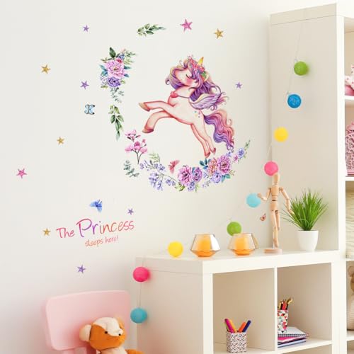 Wandtattoo Kinderzimmer Mädchen,Regenbogen Einhorn Wandsticker Babyzimmer,Rosa Cartoon Schmetterlinge Wanddeko Schlafzimmer Wolken Sterne wandaufkleber kinderzimmer (DJS700) von Qikaara