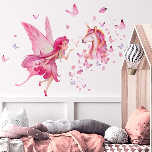 Wandtattoo Kinderzimmer Mädchen,Regenbogen Einhorn Wandsticker Babyzimmer,Rosa Cartoon Schmetterlinge Wanddeko Schlafzimmer Wolken Sterne wandaufkleber kinderzimmer (djs8532) von Qikaara