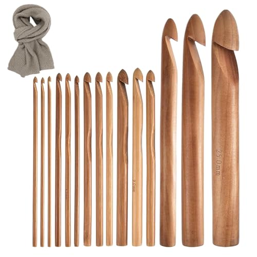 Qikam Häkelnadeln Ergonomischer weicher Griff,Häkelnadeln für Anfänger | 15X Häkelnadeln | 3 bis 25 mm lange Häkelnadeln, lange Stricknadeln, ergonomisches Häkelnadel-Set, aus Holz für Anfänger von Qikam