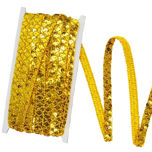 Qililandiy 13 Meter Einfassborte Spitze Pailletten Borte Band Fransen Borten Applikation 1.5cm X 13m für DIY Kleidung Gardine Vorhang Tischläufer Deko (Gold) von Qililandiy