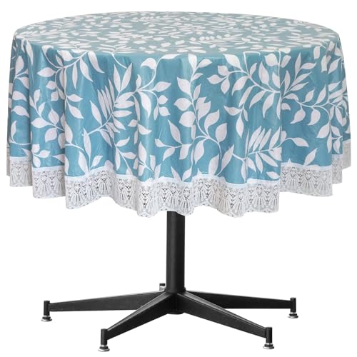 Qililandiy 180cm Tischdecke Abwaschbar Rund Tischtuch Wasserdicht Pflegeleicht Tischdeko mit Lace Verzierung für Wohnzimmer Party Küche Esszimmer (Blau) von Qililandiy