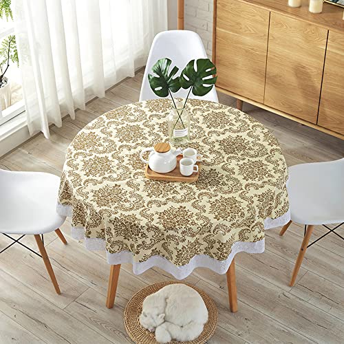 Qililandiy 180cm Tischdecke Abwaschbar Rund Tischtuch Wasserdicht Pflegeleicht Tischdeko mit Lace Verzierung für Wohnzimmer Party Küche Esszimmer (Gold) von Qililandiy