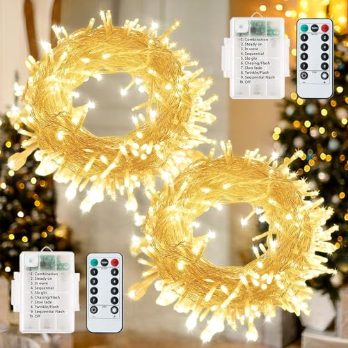 [2 Stück] 60 LED Lichterkette Weihnachten Batterie, 7M/8 Modi Lichter Außen / Innen, IP65 wasserdicht mit Timer Fernbedienung für Weihnachten, Hochzeit,Balkon,Garten, Party Dekoration (warmweiß) von Qillnyy