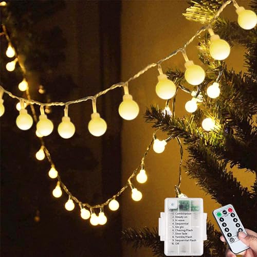 Qillnyy 60 LED lichterkette Batterie Außen/Innen, 8 Modi 7M Lichterkette Kugel mit Fernbedienung Wasserdicht weihnachtsbeleuchtung für Weihnachten, Balkon, Party,Terrasse(Warmweiß) von Qillnyy