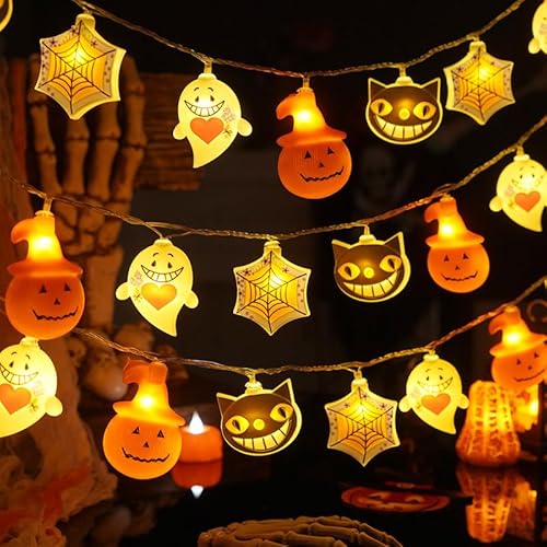 Qillnyy Halloween Deko Lichterkette 4M 20LED 4 Arten von Halloween Kürbis Geist Spinnennetz Katze 2 AA Batterien für Halloween Party Zimmer von Qillnyy