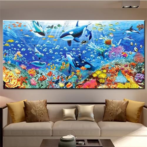 5D Diamond Painting Zubehör Delfinfische Unterwasserwelt Diamond Painting Set,Home Wanddekoration, Diy Full Drill Diamant Painting Crystal Art Craft, Paint By Numbers, Eltern Kind Interaktion 12x24in von QinPai