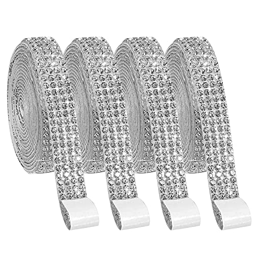 4 Rollen Diamantband selbstklebend kristall strass diamant band Glitzerband Silber Strassband Deko Strasssteine Band Glitzersteine für Hochzeit Geburtstag Dekoration Kunsthandwerk (4 Reihen) von QincLing