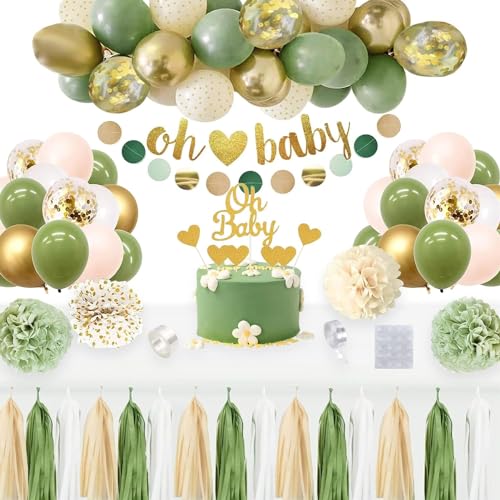 Baby Party Dekoration 104PCS Baby Shower Dekorationen Junge Mädchen Babyparty Deko Luftballons Banner Girlande für Gender Reveal Dschungel Geburtstag Hochzeit Deko(Grüne Gold) von Qingxiaotu