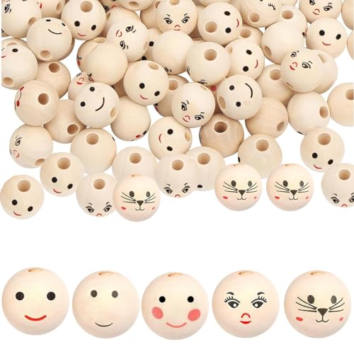 Qinsky 100Pcs Holzperlen mit Gesicht,20mm Runde Holzperlen Holzperlen Rund Holzkugeln mit Loch zum Auffädeln für Basteln Schmuck Herstellung Dekoration(5 Stile) von Qinsky