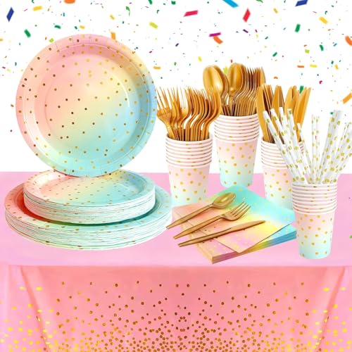 161 Stück Partygeschirr Kindergeburtstag, Regenbogen Partyzubehör Pappteller Set, Wiederverwendbar Papier Geschirr Set mit Teller Becher Servietten Strohhalme Holz Gabellöffel - 20 Gäste von Qintora